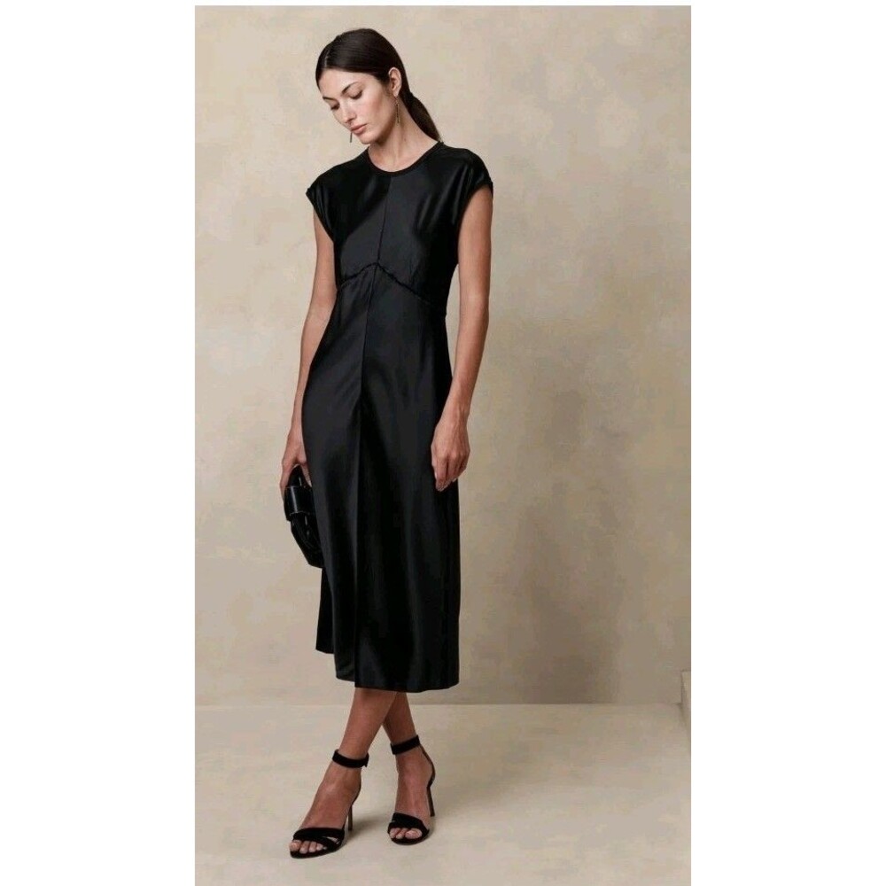 Banana Republic Claudette Black Silk Midi Dress Size Large Petite Women's 58